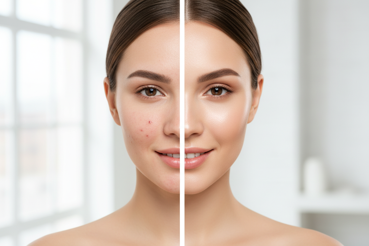 Je veux que tu me donnes une autre image sur mon produit et que montre une routine d'une gmme qui prend soin contre les dépigmentation et les acnés sur le corps ou bine carrenment donne moi une image avec une femme pendant qu'elle a des acnés et au moment oui elle n'en n'a pas , montrant le changement que notre produit peut apporter pour la beauté et la qualité de la peau d'une femme