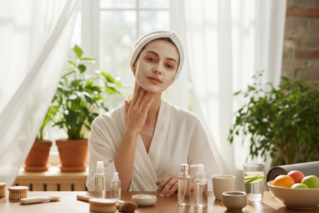 Trouve moi une image avec une femme avec un visage propre et qui  a une peazu radieuse et qui entretient son corps