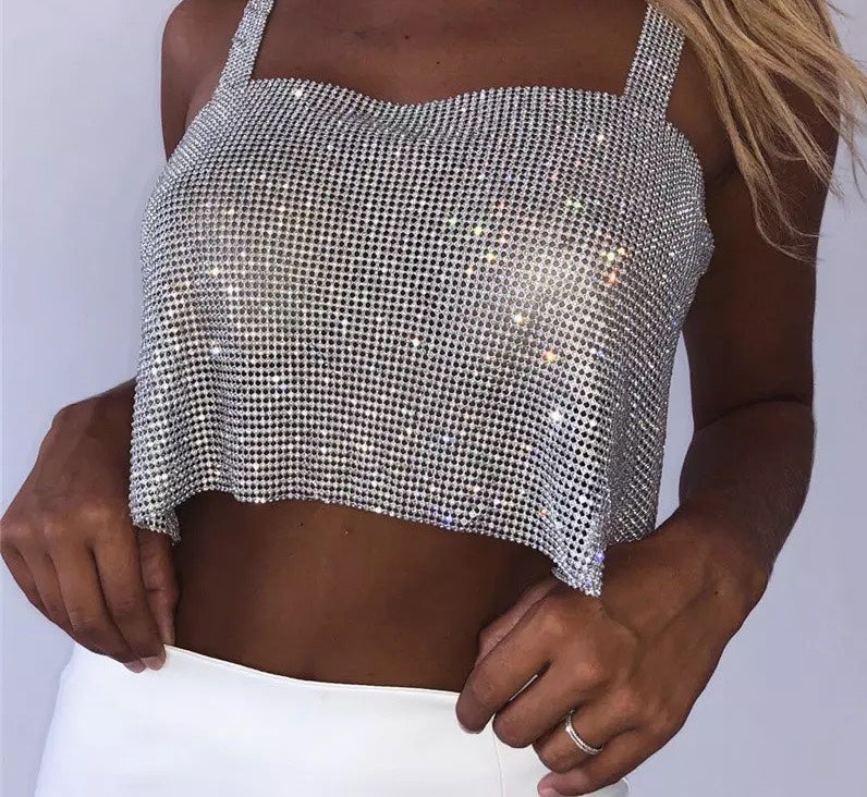 Bling Rhinestones Party Crop Top Full Diamonds Sequins Top - Payty