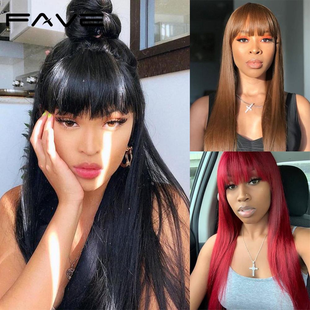 Brazilian Straight Human Hair Wigs with Bangs Fringe Wig Natural Black No Lace Long Hair Wig For Women Perruque Cheveux Humain - Payty