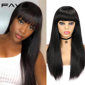 Brazilian Straight Human Hair Wigs with Bangs Fringe Wig Natural Black No Lace Long Hair Wig For Women Perruque Cheveux Humain - Payty
