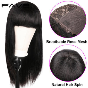 Brazilian Straight Human Hair Wigs with Bangs Fringe Wig Natural Black No Lace Long Hair Wig For Women Perruque Cheveux Humain - Payty